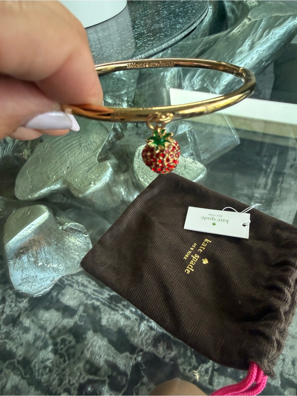 kate spade Gold Bangle Bracelet with Red Strawberry Charm - Picture 2 of 3